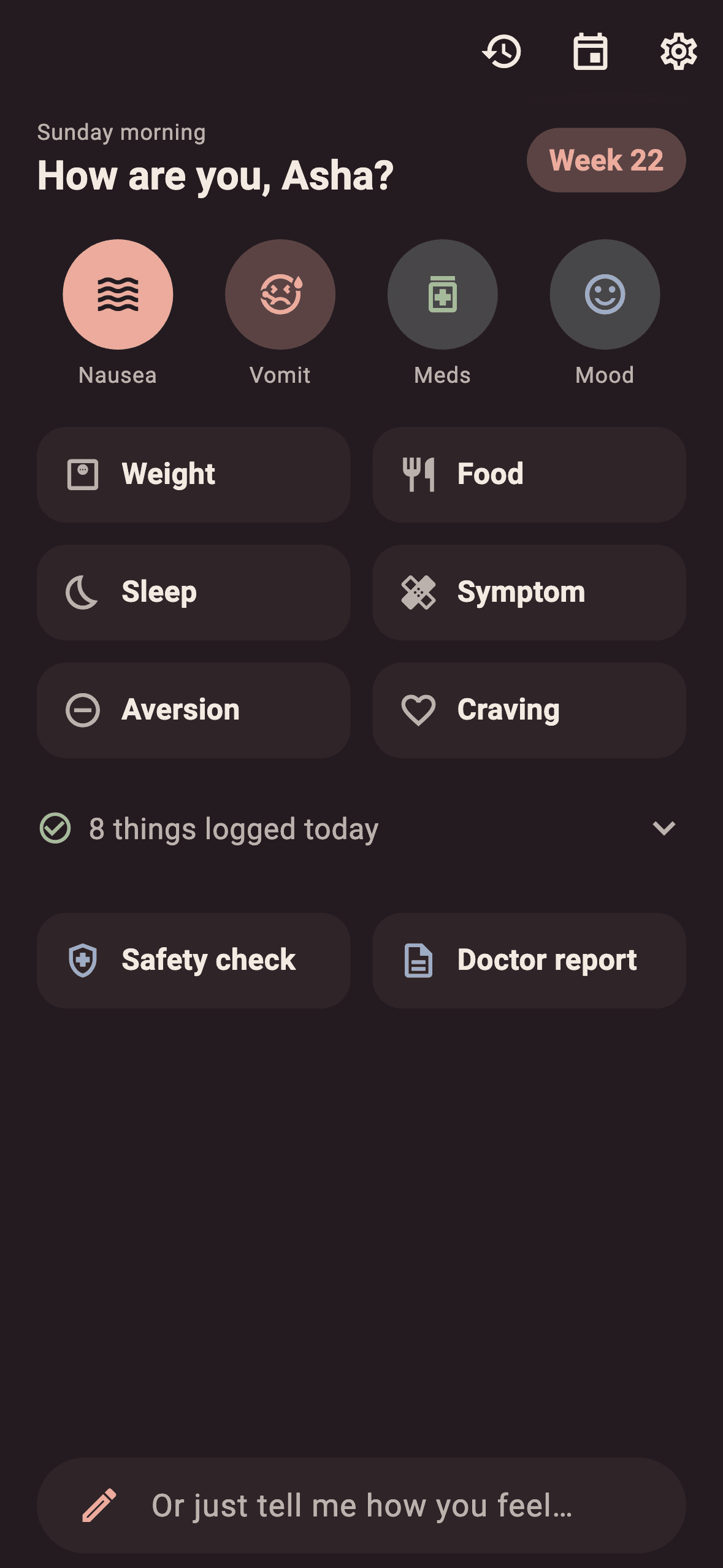 The same Kilki home screen in dark mode, with a deep plum background and warm off-white text.