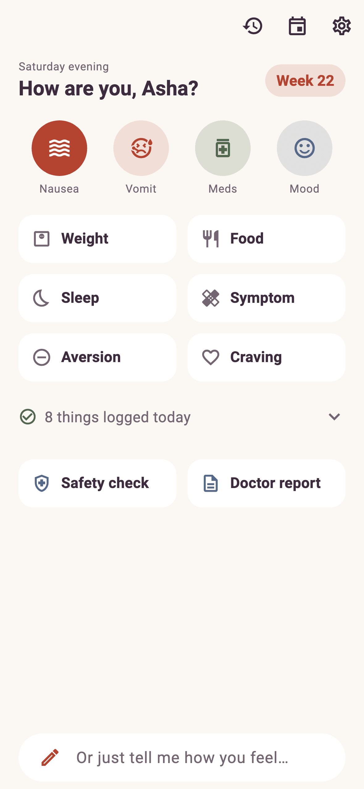 The Kilki home screen showing today's pregnancy log with recent entries for nausea, medications, and mood.